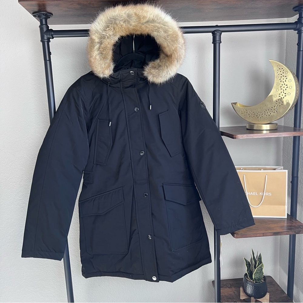 NWT Michael Kors Black Faux Fur Jacket Logo Coat Down Alternative Jacket Medium